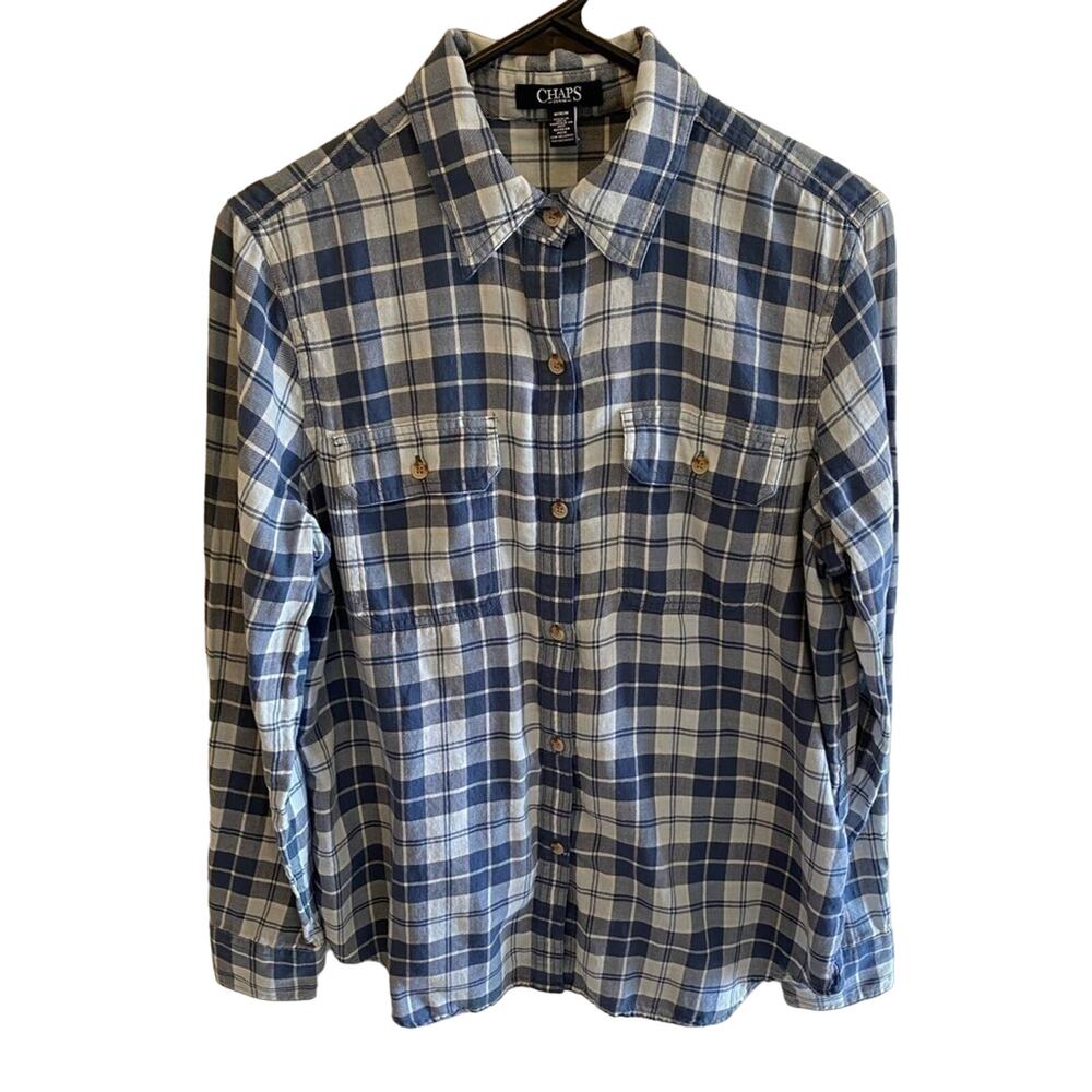 Chaps Blue Plaid Long Sleeve Lightweight Collared Button-Up 100% Cotton Womens M